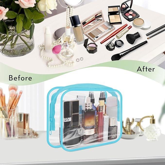 16 Pieces Clear Makeup Bags Bulk, TSA Approved Toiletry Bags Travel Pouch, Waterproof PVC Plastic Small Clear Cosmetic Bags with Zipper for Organizing (Blue Border)