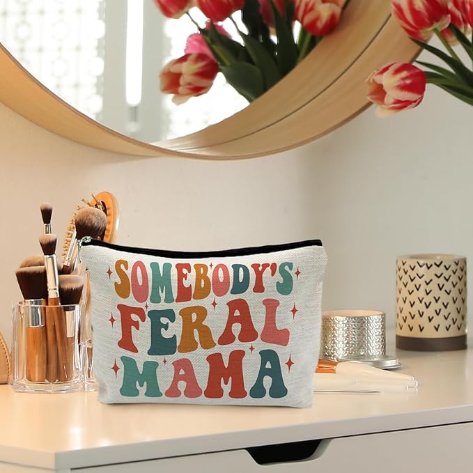 Mama Gifts - Mama Makeup Cosmetic Bag, Mama Gifts for Mothers Day, Gifts for Mom Mother, Mom Mother Gifts from Daughters Sons, Groovy Somebody's Feral Mama Small Makeup Bag Pouch for Purse
