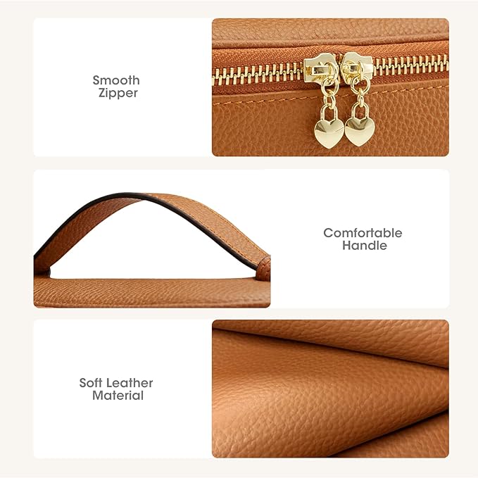 Kattee Makeup Bag for Women, Leather Cosmetic Bag, Working Makeup Bags for Ladies with Handles, Portable Travel Toiletry Bag, Brown