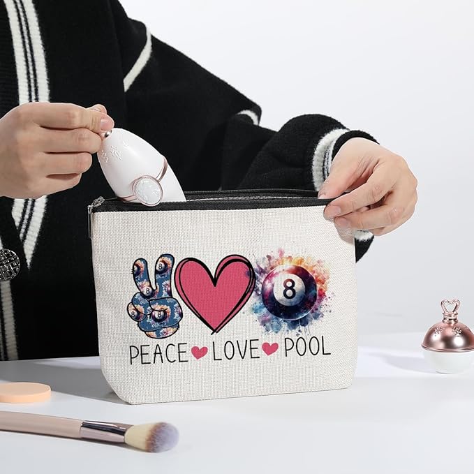 Billiards Gifts Billiards Lover Gifts Billiards Cosmetic Makeup Bag Pool Player Gift Cue Sports Merchandise Peace Love Lucky 8 Pool Travel Toiletry Makeup Organizer Zipper Pouch