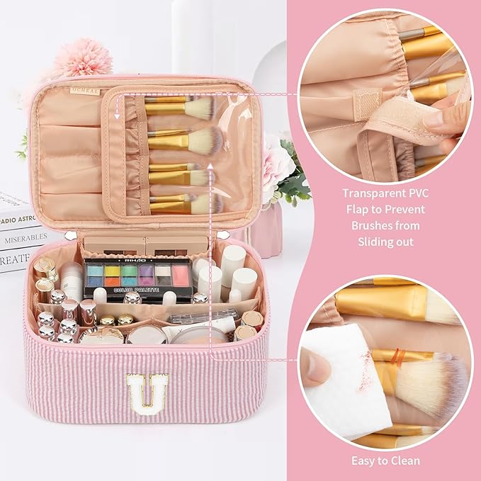 OCHEAL Makeup Bag for Women, Monogram Cosmetic Bag with Brush Holder, Pink Travel Makeup Case Beauty Toiletry Bag Organizer Personalized Gifts for Girls Bridesmaid, Sister, Wife, Friends Initial U