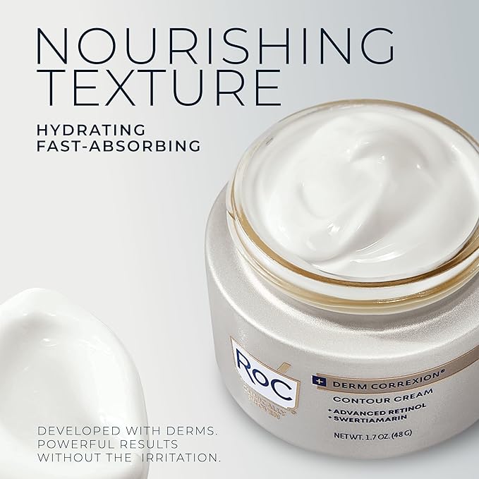 RoC Derm Correxion Neck Cream with Hyaluronic Acid + Advanced Retinol to visibly Tighten & Lift Horizontal Neck Lines, Facial Moisturizer to Contour Face (1.7 oz) with RoC Retinol Eye Packette