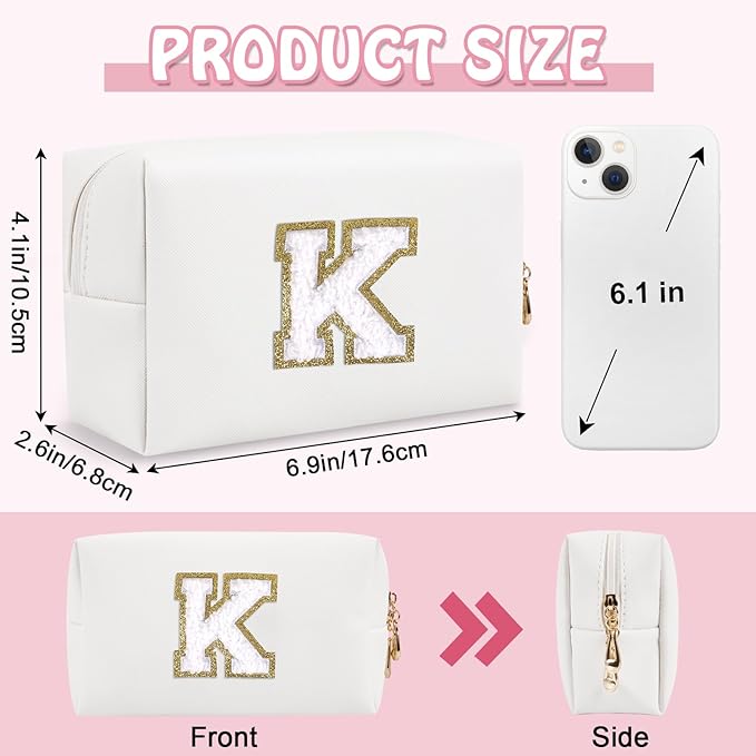 Personalized Small Travel Preppy Makeup Bag,Chenille Letter White Initial Cosmetic Pouch Travel Toiletry Organizer, Waterproof PU Leather Makeup Storage Birthday Gift for Women Best Friends(Letter K)
