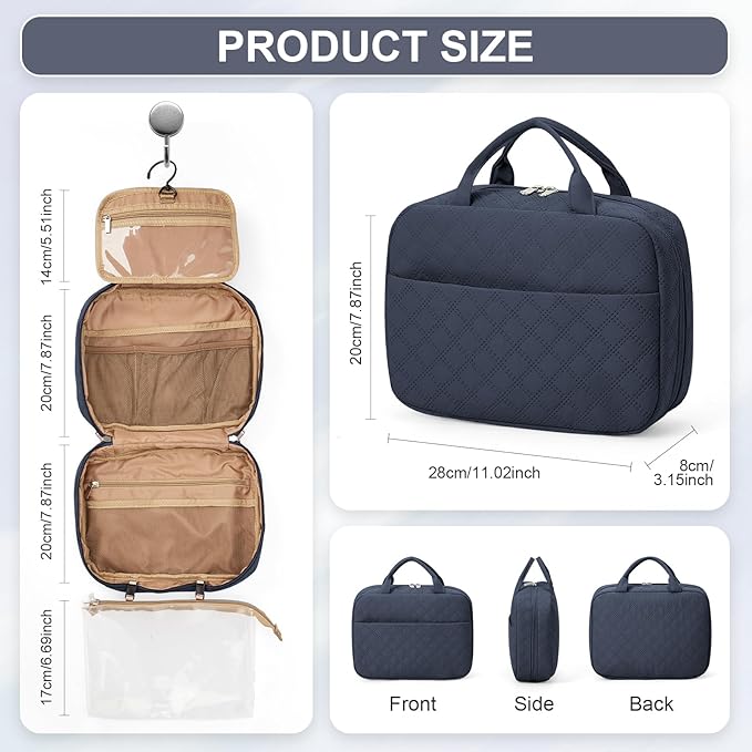 Travel Toiletry Bag For Women Small Hanging Toiletry Travel Makeup Bag lightweight Water-Resistant Toiletries Organizer case portable Cosmetic Bags For Women Blue