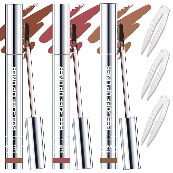 3 Colors Peel Off Lip Liner with Tweezer Kit, Rich Color Matte Finish Lip Tint Stains Makeup Set for Women, Long Lasting, Waterproof, Smudge Proof, For All Skin Types (#2, #3, #4)