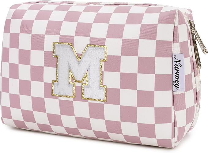 Narwey Birthday Gifts for Women Girls, Initial Makeup Bag for Bridesmaid Teacher Sister Friend Daughter Graduation Gifts, Personalized Monogram Cosmetic Toiletry Bag, Teen Girls Trendy Stuff (Pink M)