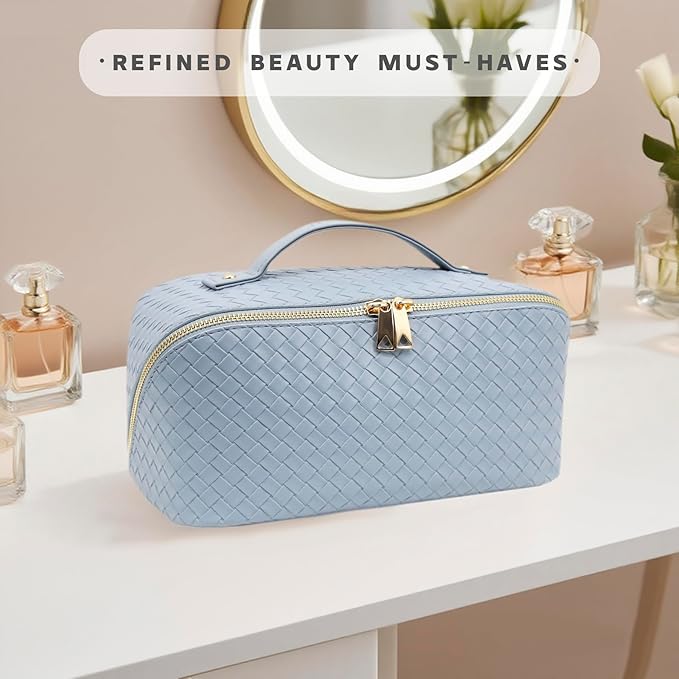 Travel Makeup Bag – Large Cosmetic Organizer with Waterproof PU Leather, Smooth Double Zipper & Tear-Resistant Lining, Toiletry Pouch for Women (Ice)