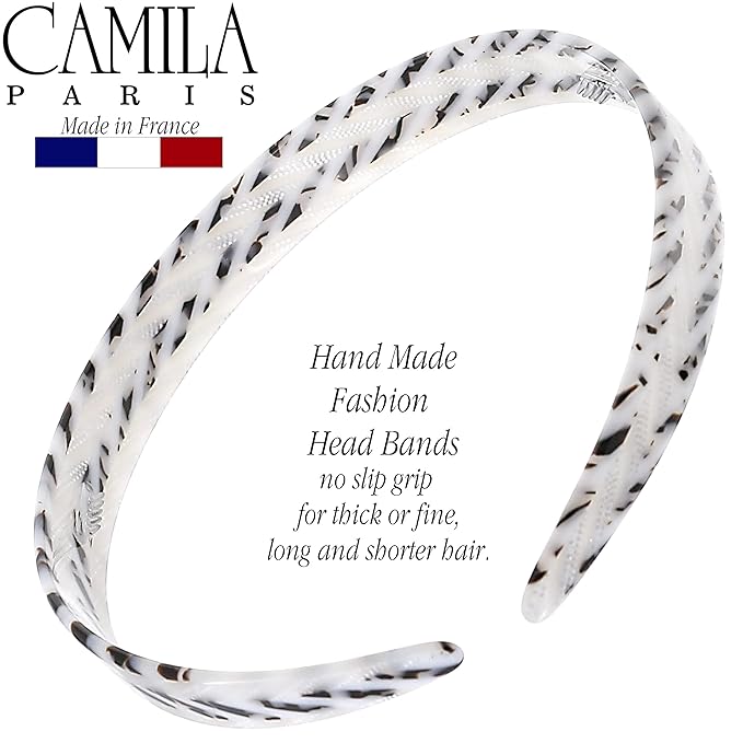 Camila Paris CP3468 French Headband for Women, Handmade White and Gray, Strong Hold Grip Women's Hair Band, Ligth and Very Flexible, No Slip and Durable Styling Girls Hair Accessories, Made in France