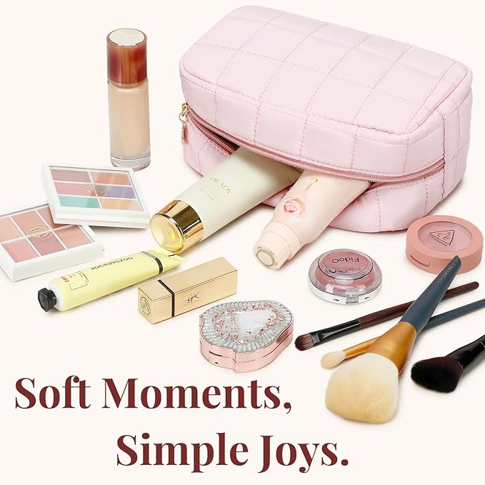 Makeup Bag for Women, Travel Cosmetic Bag Organizer with Compartments, Quilted Puffy Toiletry Pouch for Brushes, Essentials and Accessories, Pink