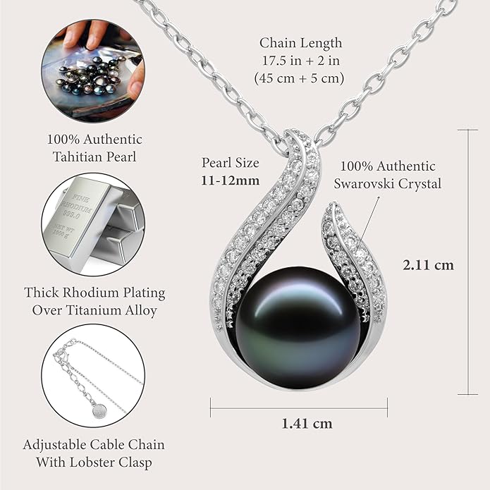 TRYNDI Real Tahitian Black Pearl Necklace Gifts for Women - Larger 11-12mm Luxury Pearl, Gifts For Wife Christmas - Valentines Soulmate Necklace For Women