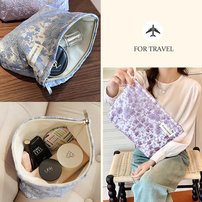 STARDW Aesthetic Floral Makeup Bag Cute Small Cosmetic Bags for Women Girls, Travel Toiletry Bag Large Capacity Zipper Makeup Pouch, Purse Organizer Pouches (Embroidery Purple)