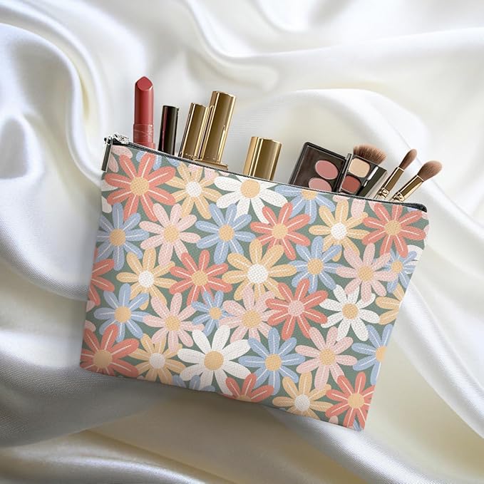 Vintage Daisy Flowers Makeup Bag Floral Cosmetic Bag Friend Friendship Gifts for Women Girls Sister Coworker Daughter Botanical Travel Organizer Zipper Pouch Christmas Thanksgiving Birthday Gifts