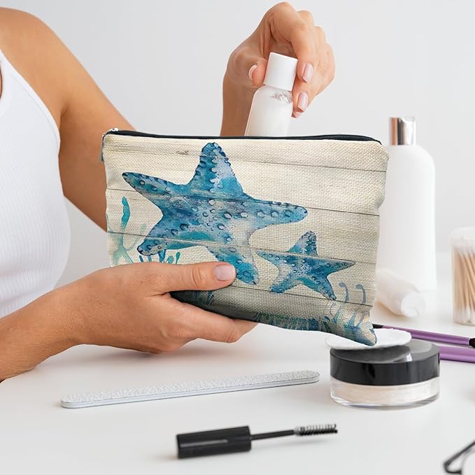 Ocean Starfish Beach Makeup Bag, Marine Life Sea Animals Cosmetic Bags for Women, Ocean Themed Gifts