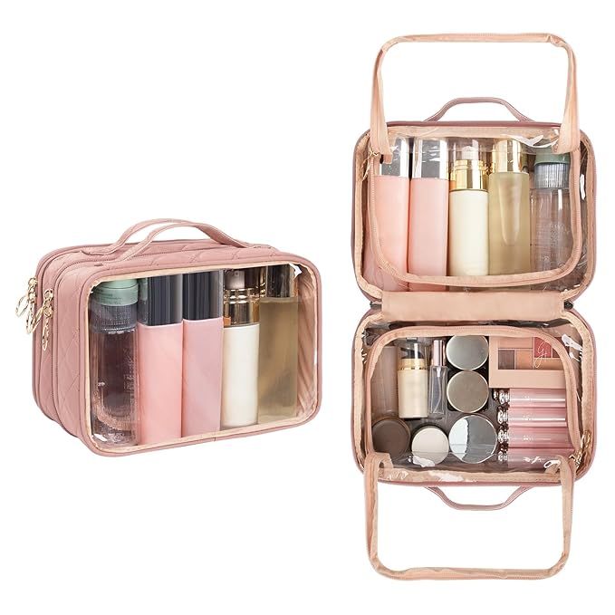 OCHEAL Clear Makeup Bag, Double Layer Cosmetic Bag, Large Capacity Minimalist Cosmetic Case for Women Travel Beauty Essentials, Multiple Compartments Makeup Case Organizer Zipper Pouch -Nude Pink