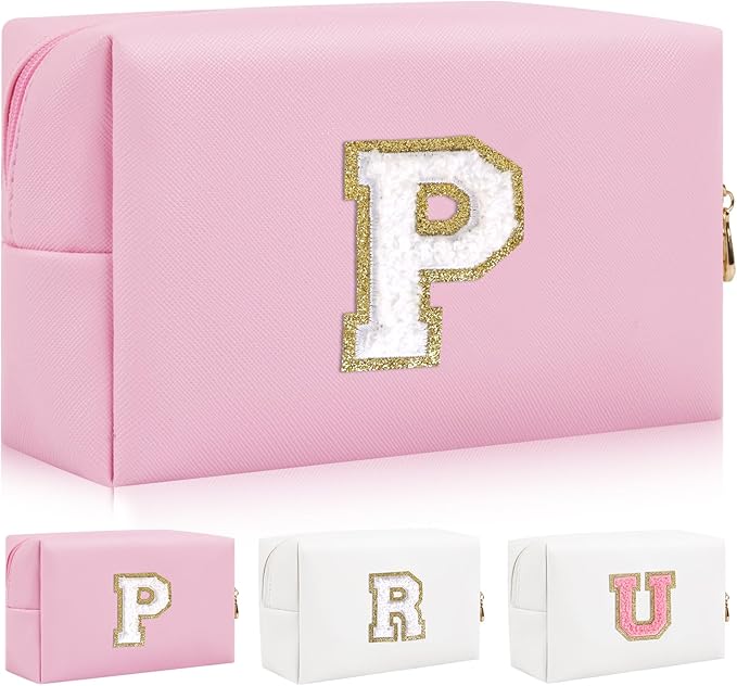 Personalized Initial Letter Patch Makeup Bag, Preppy Portable Chenille Cosmetic Bag with Zipper, PU Leather Waterproof Travel Toiletry Bag Monogram Make Up Pouch for Women Girls