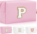 Personalized Initial Letter Patch Makeup Bag, Preppy Portable Chenille Cosmetic Bag with Zipper, PU Leather Waterproof Travel Toiletry Bag Monogram Make Up Pouch for Women Girls
