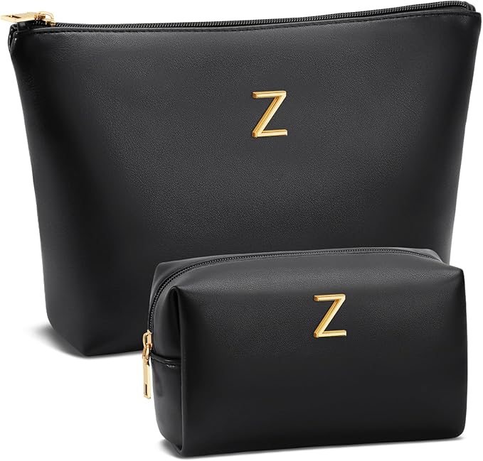 Women Gifts | Initial Makeup Bag Set for Girl Personalized Gifts for Bridesmaid Friend Graduation Teachers PU Leather Cosmetic Travel Toiletry Bag(Black,Z)