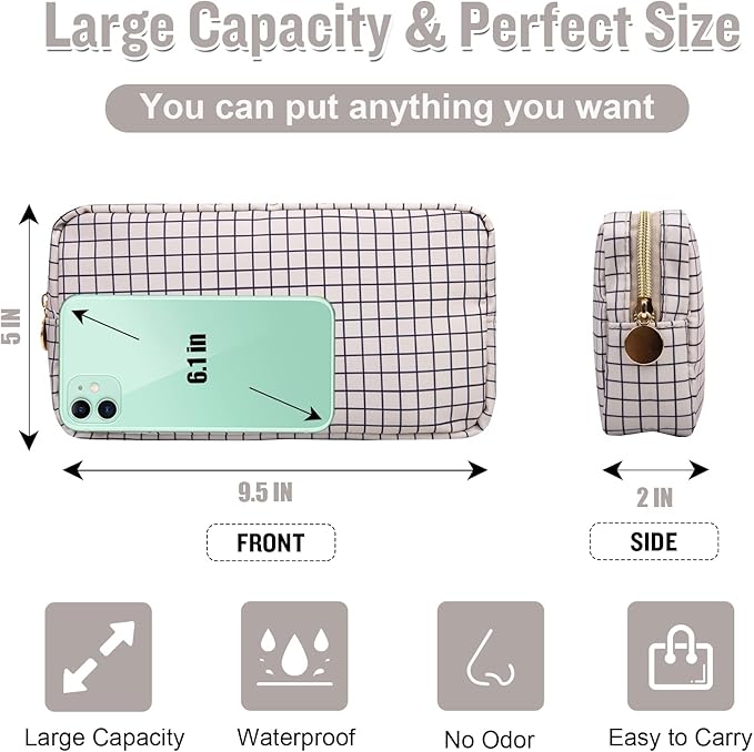 Nylon Small Makeup Bag for Purse, Cute Checkered Makeup Bag Preppy Cosmetic Zipper Pouch Purse, Waterproof Portable Travel Toiletry Bag Clutch Make Up Brush Bag Organizer for Women Girls(Checkered)