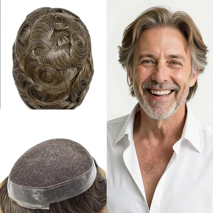 Mens Toupee Human Hair Piece French Lace Toupee for Man Hair System Indian Human Hair Replacement Systems V-Looped PU Front Hairpieces 8"X10" #530 5# MEDIUM LIGHT BROWN WITH 30% SYNTHETIC GREY