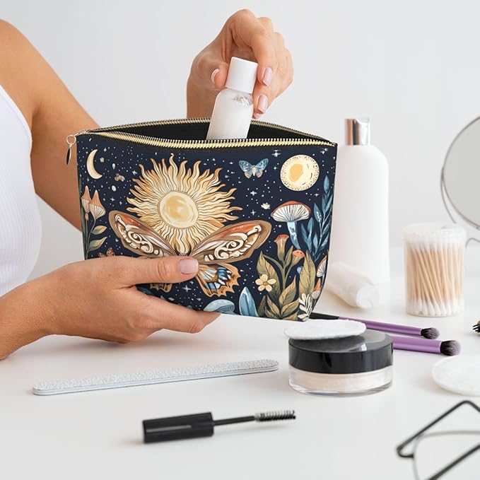 Womens Leather Makeup Bag Cosmetic Bag Travel Toiletry Bags Make Up Bags for Women Adult (Boho Sun-Moon)