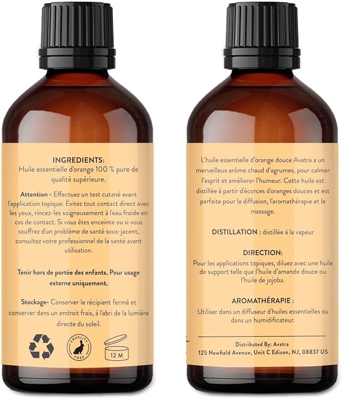 Avatra Brazilian Sweet Orange Essential Oil 100ml (3.38oz) - 100% Pure & Natural Orange Oil with Glass Dropper & Travel Bottle - Premium Essential Oil for Diffuser, Aromatherapy, Massage & DIY Candles