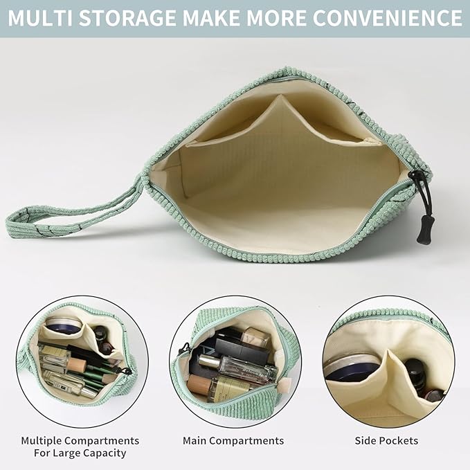 Small Cosmetic Bag set for Women Corduroy Makeup Bag with Interior Pocketes Cute Corduroy Makeup Pouches Women Small Toiletry Bag (Green Smile)