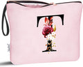 Vavabox A-Z Personalized Makeup Bag, Birthday Gifts for Women Mom, Gifts for Best Friend, Bride Bridesmaid Cosmetic bag (T, Pink)