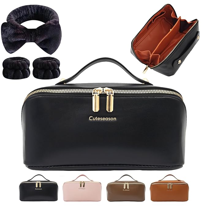 Makeup Bag, Travel Toiletry Bag for Women, Large Capacity Waterproof Plain Pattern PU Leather Cosmetic Bags Make Up Organizer Bags with Headband and Wristband Set (Black)