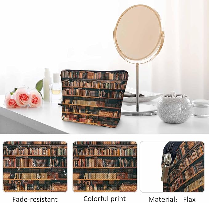 Vintage Library Bookshelf Makeup Bag for Purse, Travel Toiletry Pouch, Cosmetic Organizer, Old Books Pattern Flax Pencil Case for Men and Women