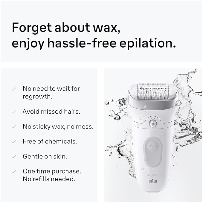 Braun Epilator Silk-épil 7, Hair Removal Device, Women Shaver & Trimmer, Wet and Dry, Wide Head, Includes Shaver Head and Trimmer Comb, SE7-041, Silver