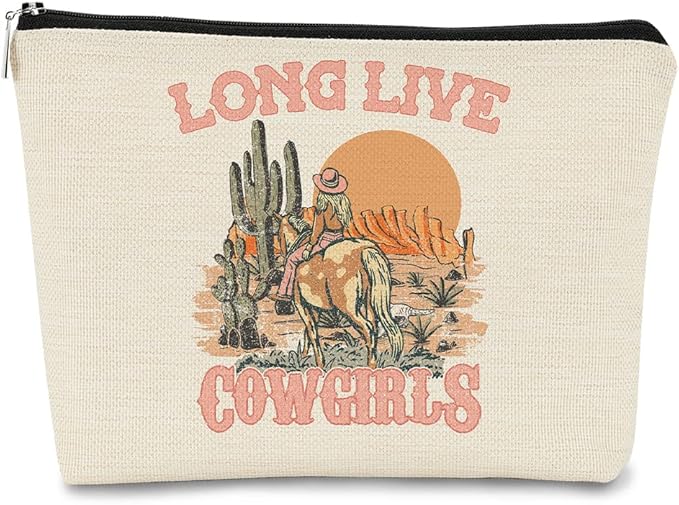 Long Live Cowgirls Makeup Bag,Retro Western Cowgirl Riding Horse Cactus Desert Cosmetic Bag Best Birthday Christmas Gift Idea for Cowgirls Teen Girls Women,Cowgirl Gifts for Girls