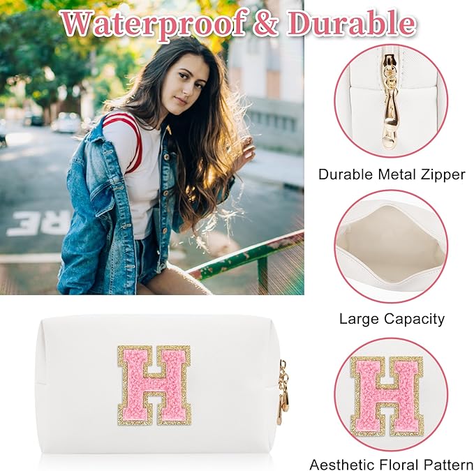Iqimott Personalized Initial Letter Patch Makeup Bag, Preppy Portable Chenille Letter Cosmetic Bag with Zipper, PU Leather Waterproof Travel Toiletry Bag Monogram Make Up Pouch Girls(Letter H)