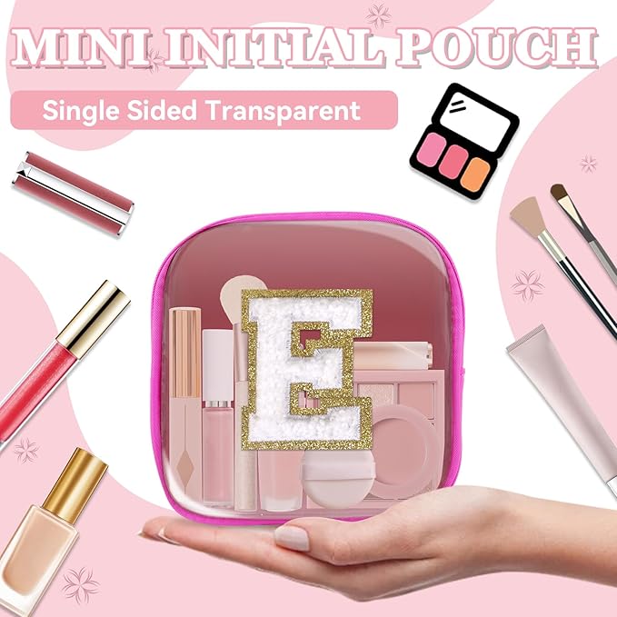 Mini Clear Personalized Initial Makeup Bag,Nylon Preppy A-Z Chenille Letter Patch Zipper Cosmetic Bag, Small Cute Beach Pouch Travel Purse Sanitary Napkin Storage Bag for Women Girls(Hot Pink-White E)
