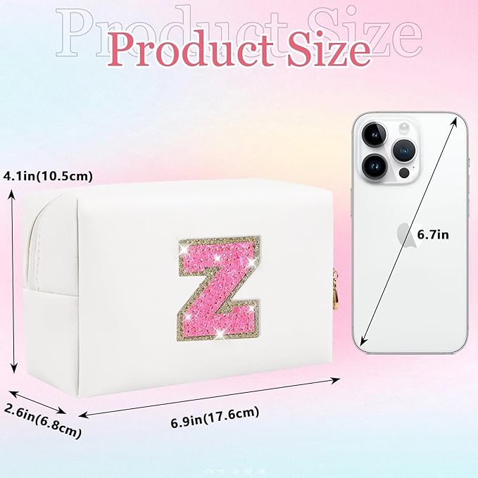 Small Personalized Glitter Initial Letter Makeup Bag, Cute PU Leather Chenille Letters Cosmetic Bag Travel Makeup Pouch, Preppy Travel Organizer Zipper Pouch for Women&Girls（WhiteRosePink-Z）