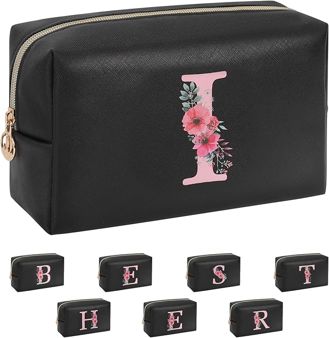 Personalized Initial Makeup Bag, Birthday Gifts for Women and Girls, Small Makeup Pouch Travel Toiletry Bag, Make Up Organizer Bag Gift Trendy Stuff for Friend Mom Teacher, Black