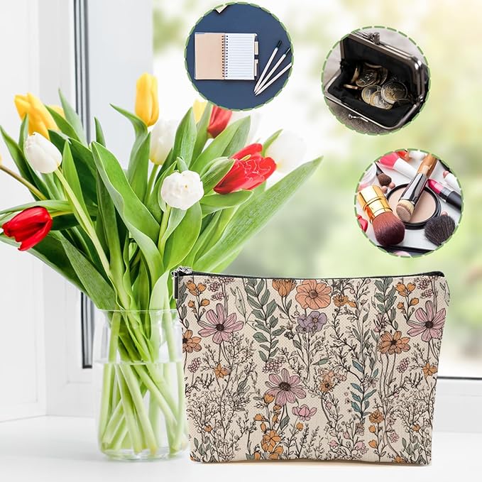 Secret Santa Gifts Vintage Wildflowers Makeup Bag Floral Garden Flower Cosmetic Bag Friend Friendship Gifts for Women Girls Sister Coworker Botanical Zipper Pouch Christmas Thanksgiving Birthday Gift