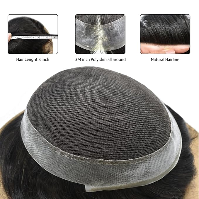 Toupee for Men French Lace Center Human Hair Replacement Systems Transparent Lace Center Hair Piece Mens Toupee Hair Units for Man V-Looped Front Male Hair Prosthesis 7"X10" 1B# OFF BLACK