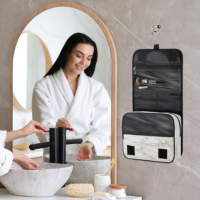 Travel Toiletry Bag for Women & Men Abstract Rose Gold Marble Hanging Cosmetic Organizer Portable Waterproof Makeup Case Make Up Bag with Compartments Travel Essentials for Bathroom Shower
