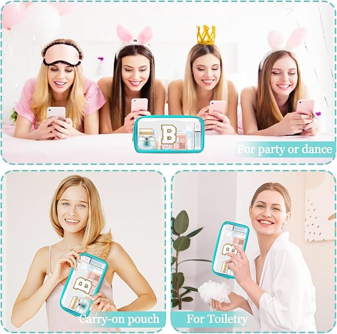 Small Clear Personalized Initial Makeup Bag,Nylon Preppy A-Z Chenille Letter Patch Cosmetic Pouch Beach Toiletry Bag,Waterproof Zipper Travel Purse Storage Bag Organizer for Women Girls(Cyan-White B)