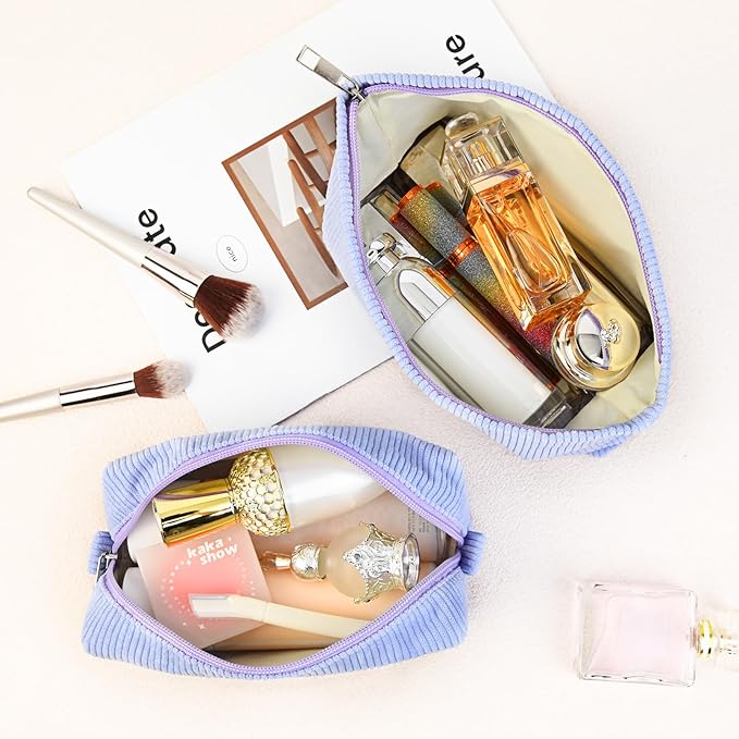 SOIDRAM 2 Pcs Corduroy Makeup Bag Large Cosmetic Bag Toiletry Bag Makeup Pouch Travel Bag Organizer Cute Makeup Brushes Aesthetic Accessories Storage Bag for Women Blue