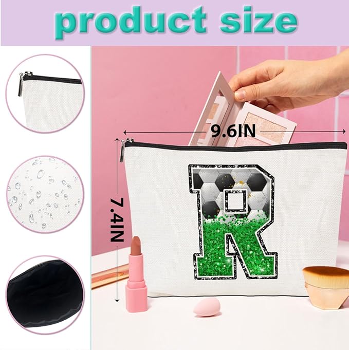 Initial Makeup Bag Monogrammed Cosmetic Bag Letter R Zipper Pouch Soccer Accessories for Girls Women Player Coach Friend Stuff Graduation Birthday Gifts