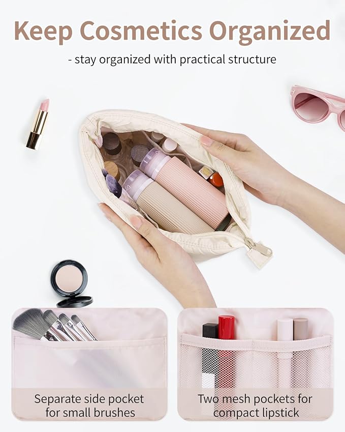 Narwey Small Makeup Bag for Travel Women Girl, Puffer Cosmetic Bag Makeup Pouch for Purse with Zipper, Cute Puffy Make Up Organizer Bags, Travel Toiletry Bag Toiletries (Beige)
