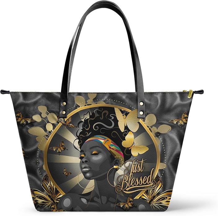 African Black Women's Leather Tote Bag, Large, Premium Vegan Leather, Full Zip, Perfect Christmas Gifts For Women