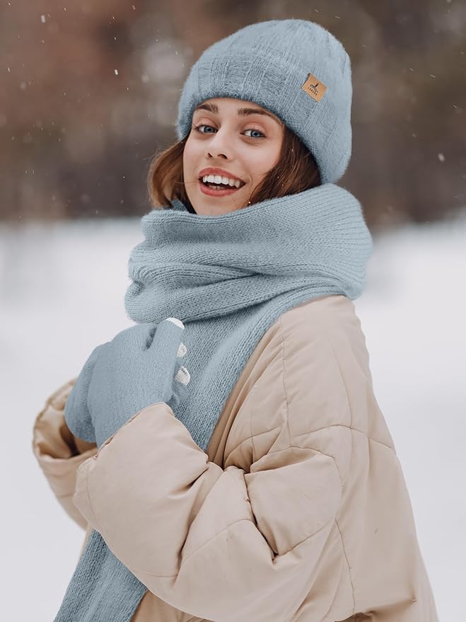 Winter Beanie Hat Scarf Gloves, Warm Fleece Knit Hat Long Scarf Neck Warmer Touch Screen Winter Gloves Set Gifts for Women