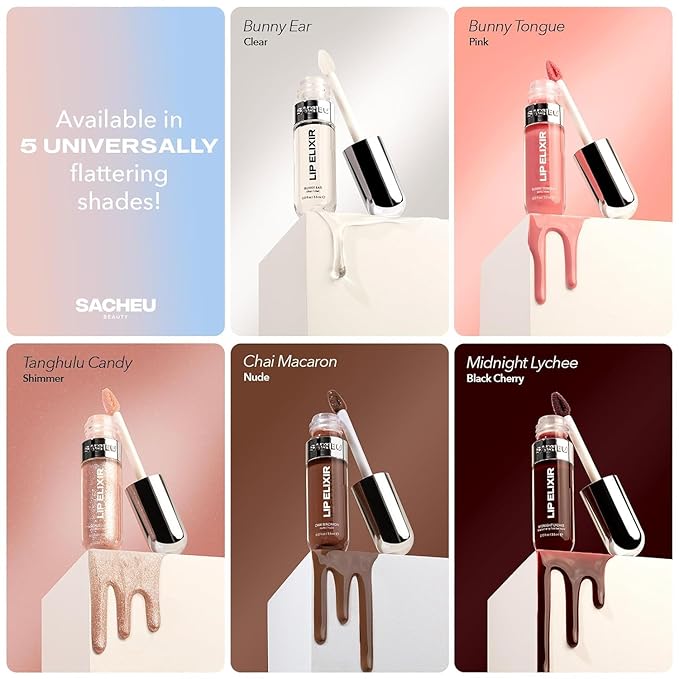 Sacheu Lip Elixir Nourishing and Hydrating Lipgloss — Moisturizing Plumping Lip Gloss Enriched with Collagen, Non-Sticky Lip Color Smooth High-Shine Finish, Vegan & Cruelty-Free, Bunny Tongue (Pink)