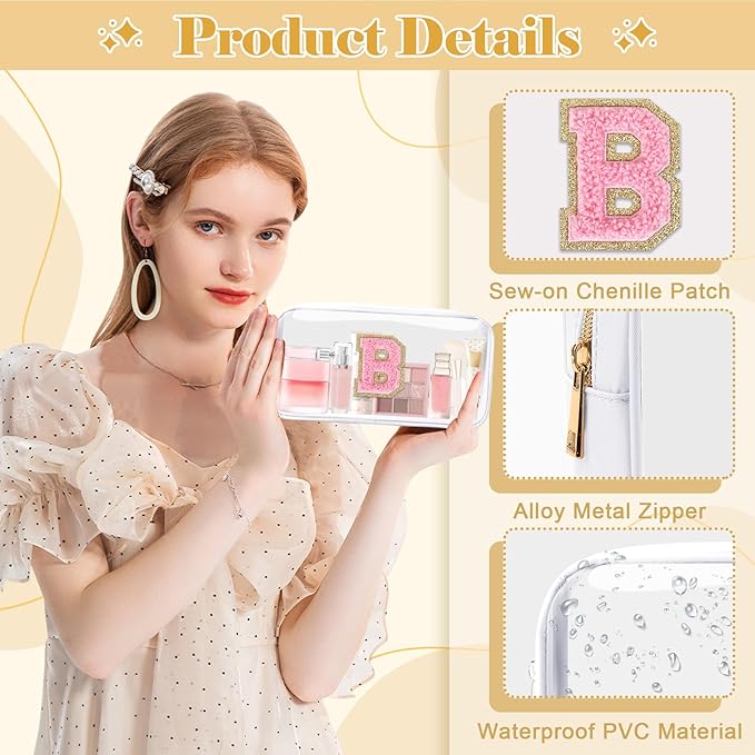 Personalized Initial Letter Clear Makeup Bag,Preppy Small Nylon&PVC Cosmetic Zipper Bag with Chenille Letter,Travel Skincare Toiletry Bag,Monogram Christmas Gift for Teen Girls Women,B