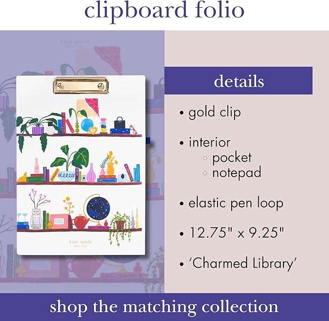kate spade new york A4 Clipboard Folio with Low Profile Clip, Professional Padfolio Includes Lined Notepad, Pen Loop, and Pocket, Charmed Library