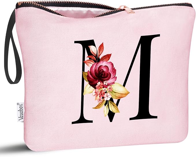 Vavabox A-Z Personalized Makeup Bag, Birthday Gifts for Women Mom, Gifts for Best Friend, Bride Bridesmaid Cosmetic bag (M, Pink)