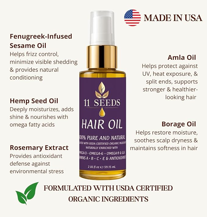 Hair Oil Naturally Enriched with Omega-3-6-9, GLA, Vitamins A, B, C, E, Lightweight Blend Supports Revitalize, Shine, Frizz Control, Color Safe, Helps Reduce Split Ends, UV & Heat - Silicone Free