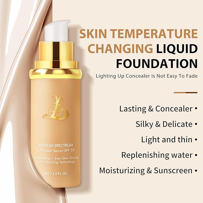 Match Foundation 4-in-1 with SPF 50 : Color Changing Foundation Medium Spectrum with 2 Brushes and 2 Cosmetics Sponge - Moisturizing & Concealer Face Makeup for All Skin Types
